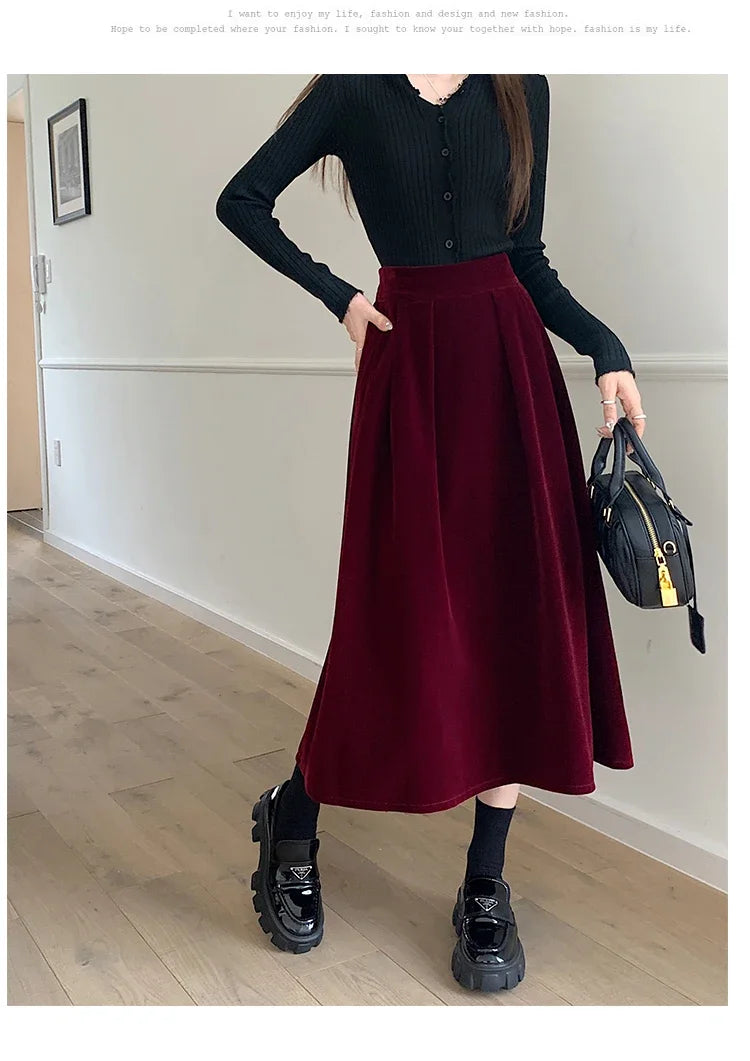 Autumn Winter Warm Vintage Red Elegant Velvet A-line Skirt For Women 2024 High Waist Casual Black Party Pleated Big Swing Skirts