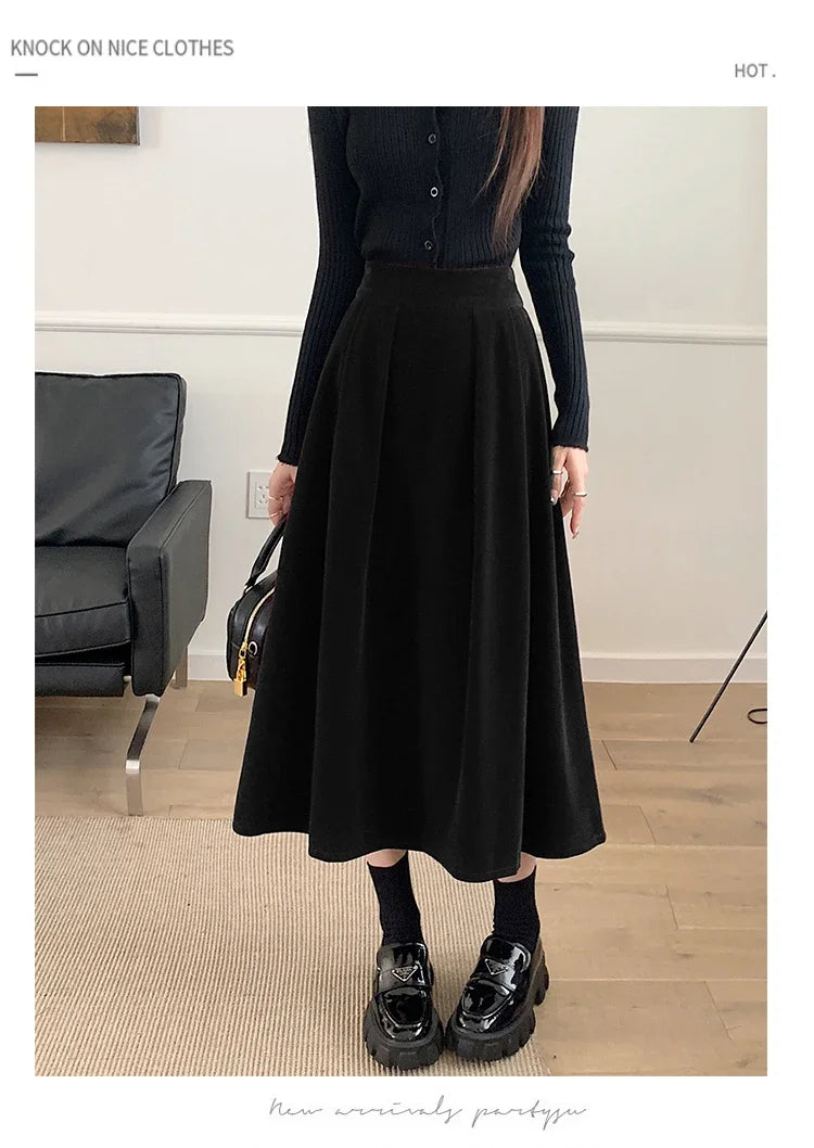Autumn Winter Warm Vintage Red Elegant Velvet A-line Skirt For Women 2024 High Waist Casual Black Party Pleated Big Swing Skirts