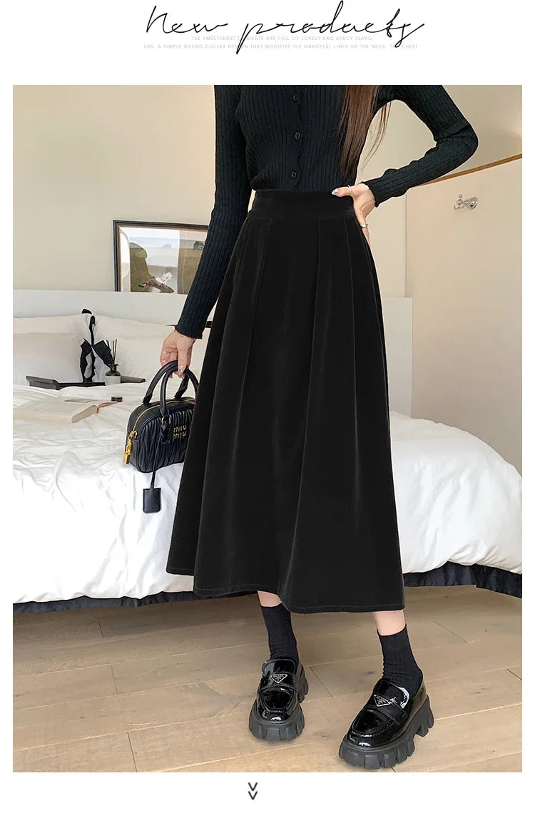 Autumn Winter Warm Vintage Red Elegant Velvet A-line Skirt For Women 2024 High Waist Casual Black Party Pleated Big Swing Skirts