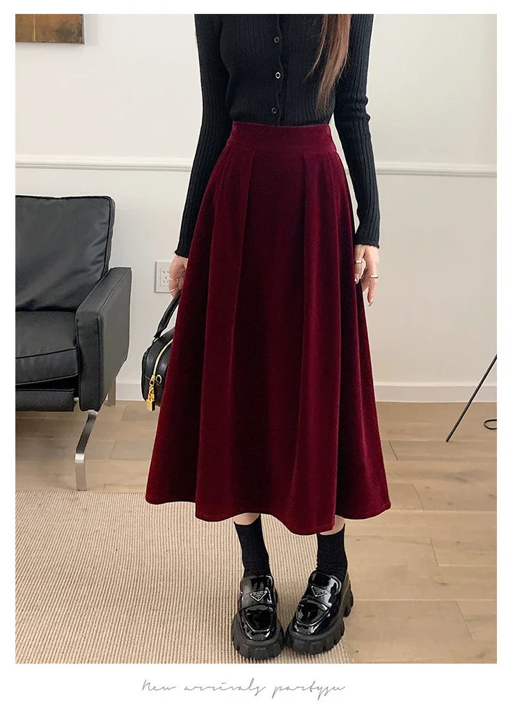 Autumn Winter Warm Vintage Red Elegant Velvet A-line Skirt For Women 2024 High Waist Casual Black Party Pleated Big Swing Skirts