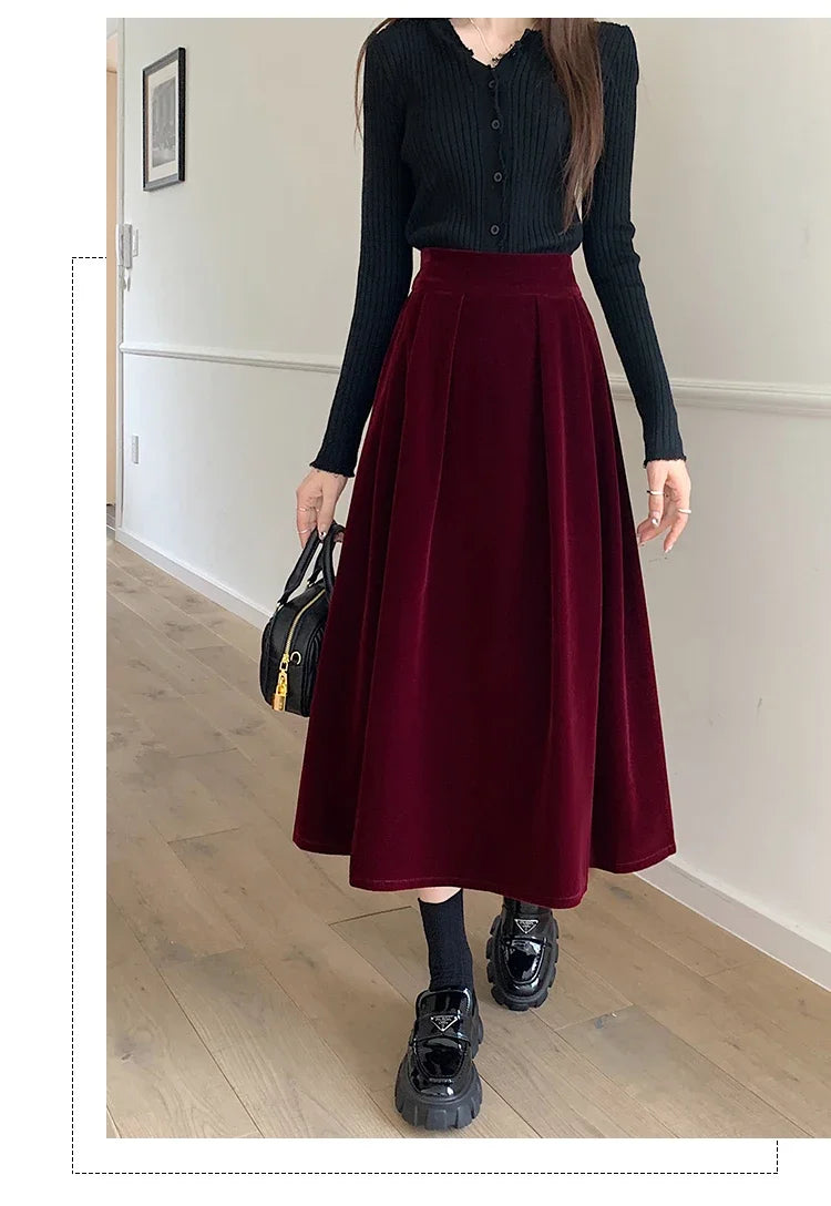 Autumn Winter Warm Vintage Red Elegant Velvet A-line Skirt For Women 2024 High Waist Casual Black Party Pleated Big Swing Skirts