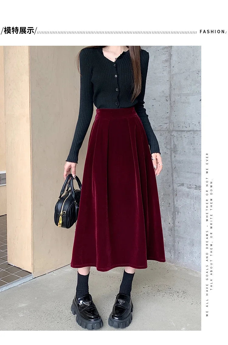 Autumn Winter Warm Vintage Red Elegant Velvet A-line Skirt For Women 2024 High Waist Casual Black Party Pleated Big Swing Skirts