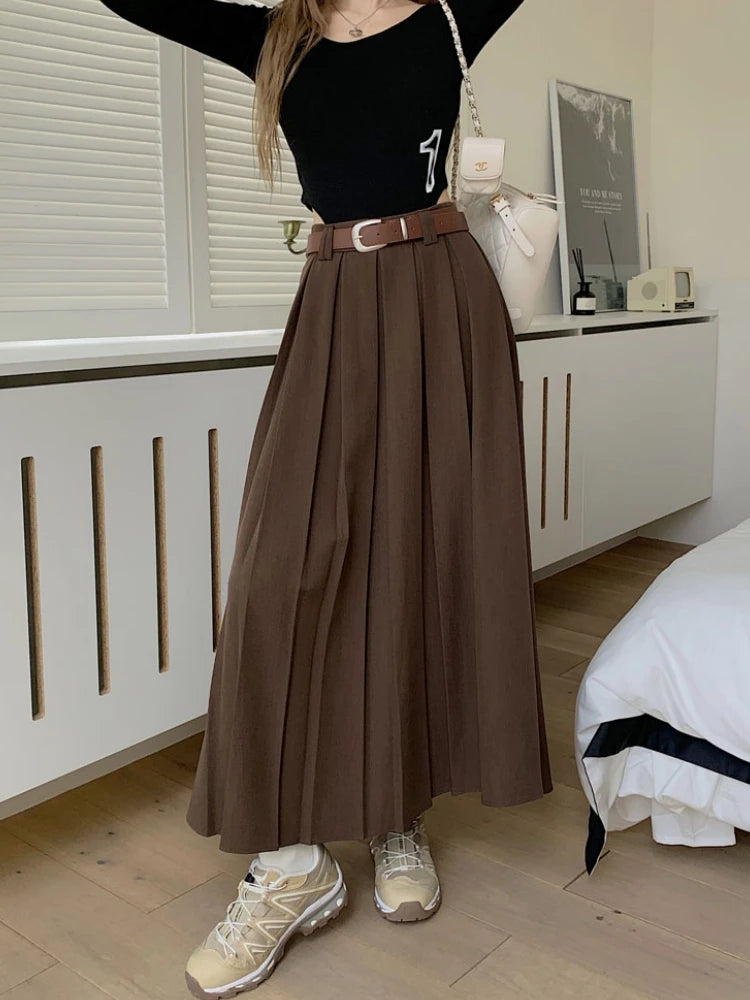 Qiukichonson Long Skirts Womens Maxi Skirt 2023 Autumn Winter Suit Skirt Korean Office Lady High Waisted Ruffle Pleated Skirts
