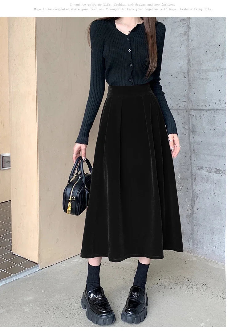 Autumn Winter Warm Vintage Red Elegant Velvet A-line Skirt For Women 2024 High Waist Casual Black Party Pleated Big Swing Skirts
