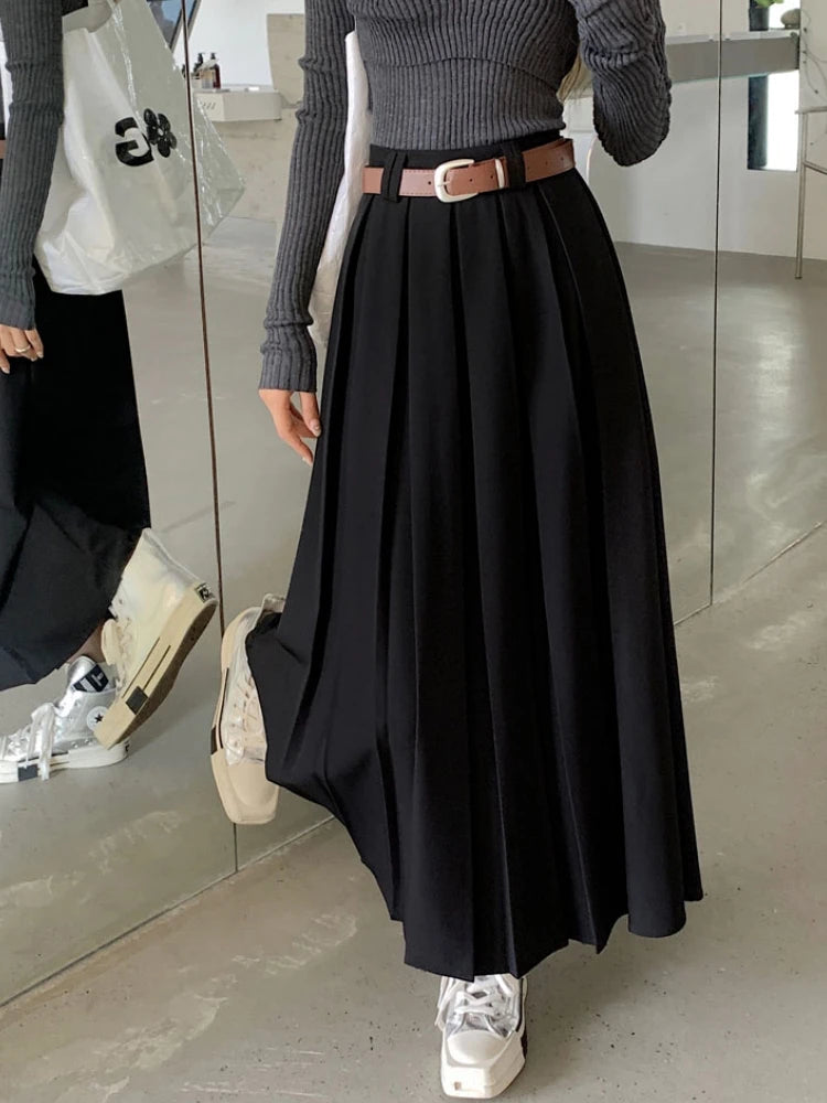 Qiukichonson Long Skirts Womens Maxi Skirt 2023 Autumn Winter Suit Skirt Korean Office Lady High Waisted Ruffle Pleated Skirts