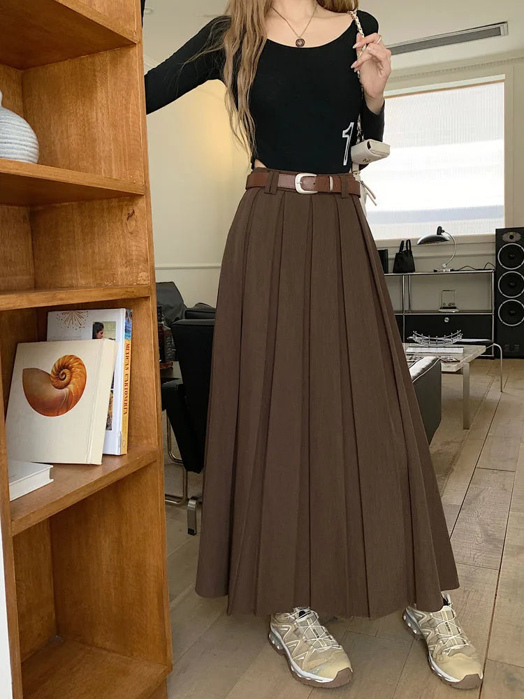 Qiukichonson Long Skirts Womens Maxi Skirt 2023 Autumn Winter Suit Skirt Korean Office Lady High Waisted Ruffle Pleated Skirts