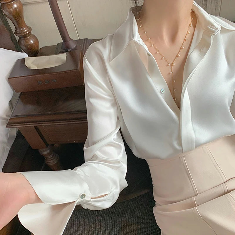 Women's Elegant Satin Blouse - Long Sleeve Solid Color Shirt for Office & French Style Wear