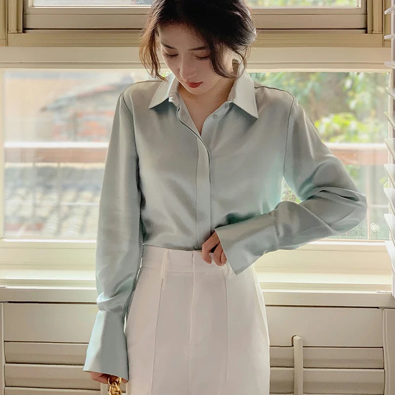 Women's Elegant Satin Blouse - Long Sleeve Solid Color Shirt for Office & French Style Wear