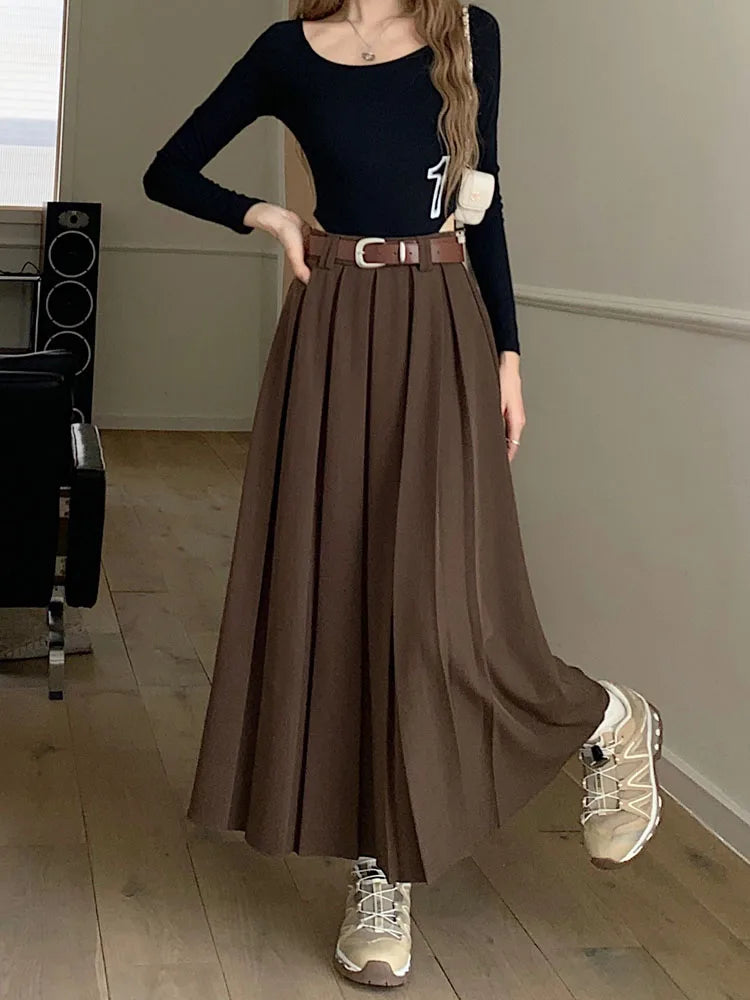 Qiukichonson Long Skirts Womens Maxi Skirt 2023 Autumn Winter Suit Skirt Korean Office Lady High Waisted Ruffle Pleated Skirts