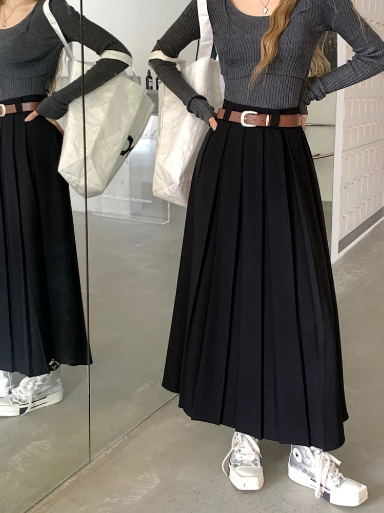 Qiukichonson Long Skirts Womens Maxi Skirt 2023 Autumn Winter Suit Skirt Korean Office Lady High Waisted Ruffle Pleated Skirts