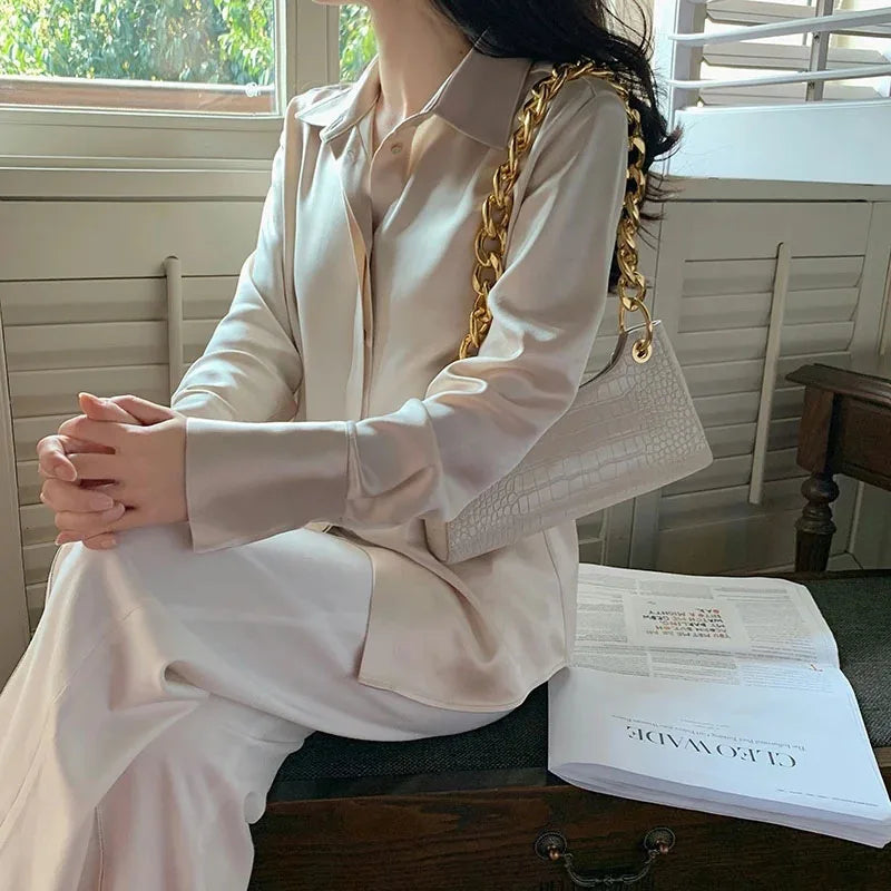 Women's Elegant Satin Blouse - Long Sleeve Solid Color Shirt for Office & French Style Wear