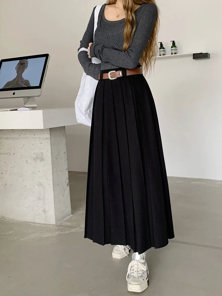 Qiukichonson Long Skirts Womens Maxi Skirt 2023 Autumn Winter Suit Skirt Korean Office Lady High Waisted Ruffle Pleated Skirts