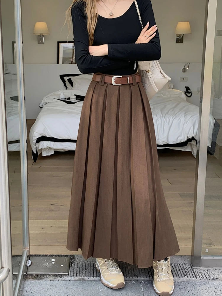 Qiukichonson Long Skirts Womens Maxi Skirt 2023 Autumn Winter Suit Skirt Korean Office Lady High Waisted Ruffle Pleated Skirts