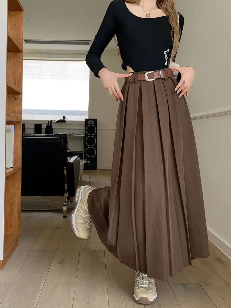 Qiukichonson Long Skirts Womens Maxi Skirt 2023 Autumn Winter Suit Skirt Korean Office Lady High Waisted Ruffle Pleated Skirts