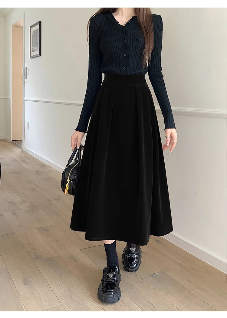 Autumn Winter Warm Vintage Red Elegant Velvet A-line Skirt For Women 2024 High Waist Casual Black Party Pleated Big Swing Skirts