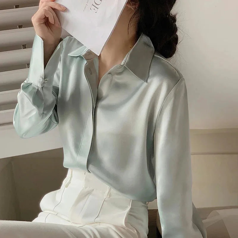 Women's Elegant Satin Blouse - Long Sleeve Solid Color Shirt for Office & French Style Wear