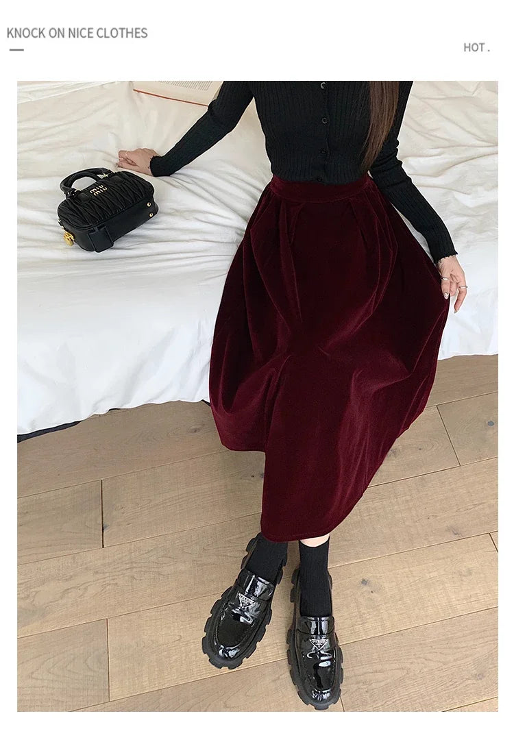 Autumn Winter Warm Vintage Red Elegant Velvet A-line Skirt For Women 2024 High Waist Casual Black Party Pleated Big Swing Skirts
