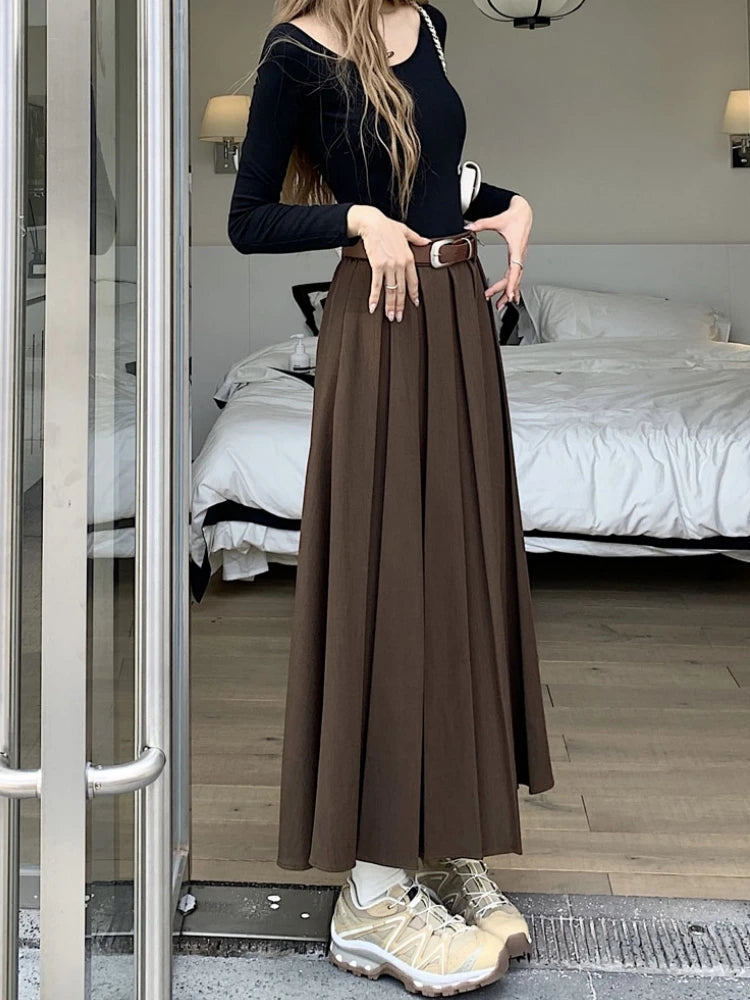 Qiukichonson Long Skirts Womens Maxi Skirt 2023 Autumn Winter Suit Skirt Korean Office Lady High Waisted Ruffle Pleated Skirts