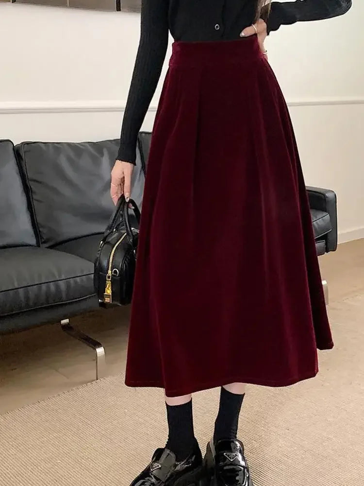 Autumn Winter Warm Vintage Red Elegant Velvet A-line Skirt For Women 2024 High Waist Casual Black Party Pleated Big Swing Skirts