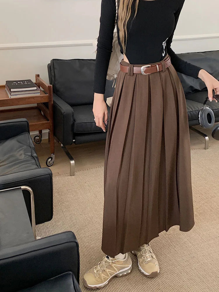 Qiukichonson Long Skirts Womens Maxi Skirt 2023 Autumn Winter Suit Skirt Korean Office Lady High Waisted Ruffle Pleated Skirts