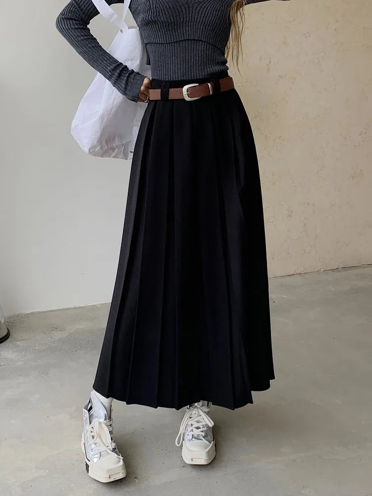 Qiukichonson Long Skirts Womens Maxi Skirt 2023 Autumn Winter Suit Skirt Korean Office Lady High Waisted Ruffle Pleated Skirts