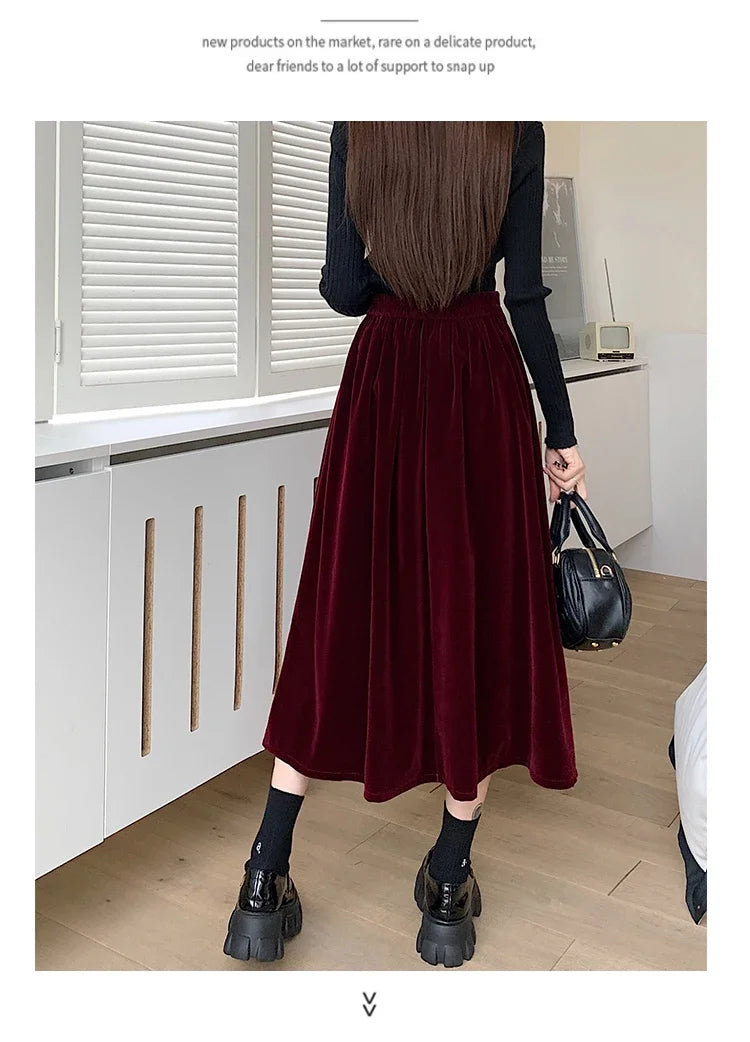 Autumn Winter Warm Vintage Red Elegant Velvet A-line Skirt For Women 2024 High Waist Casual Black Party Pleated Big Swing Skirts