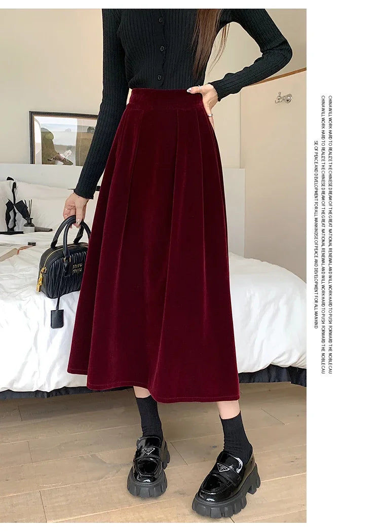 Autumn Winter Warm Vintage Red Elegant Velvet A-line Skirt For Women 2024 High Waist Casual Black Party Pleated Big Swing Skirts