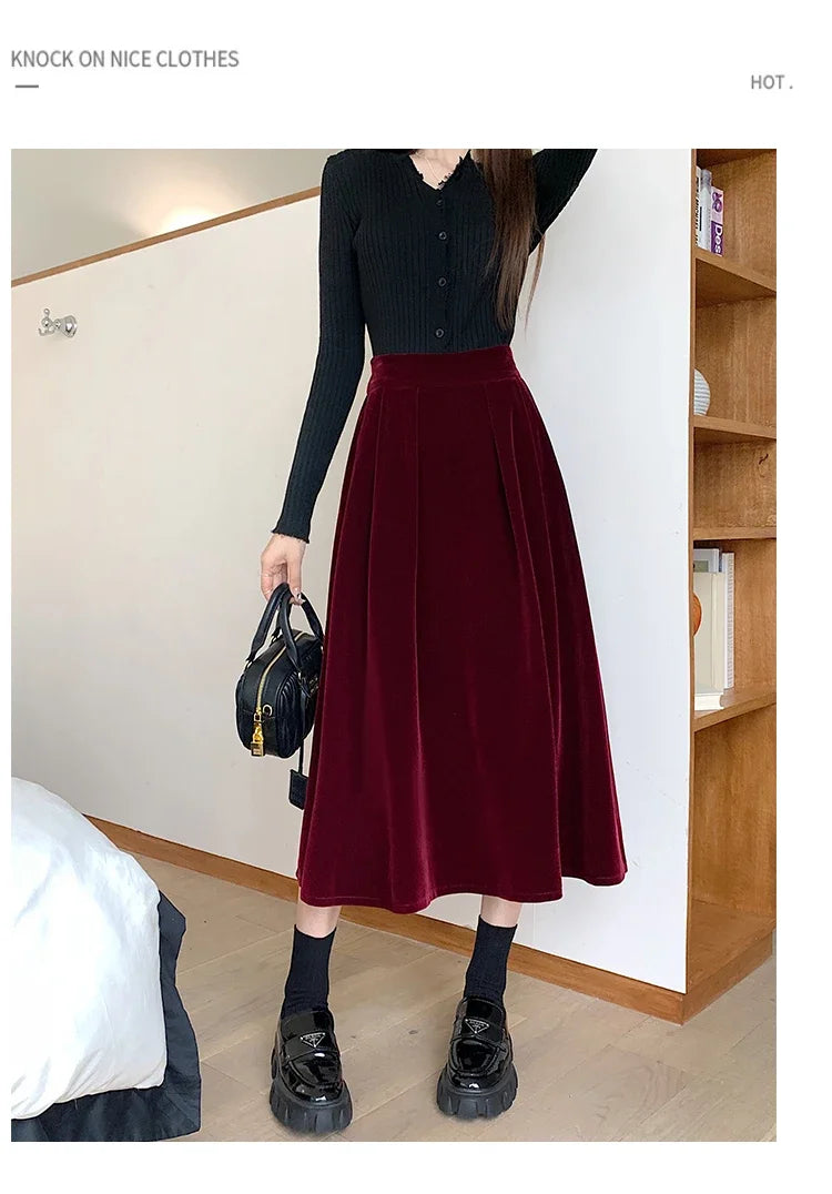 Autumn Winter Warm Vintage Red Elegant Velvet A-line Skirt For Women 2024 High Waist Casual Black Party Pleated Big Swing Skirts