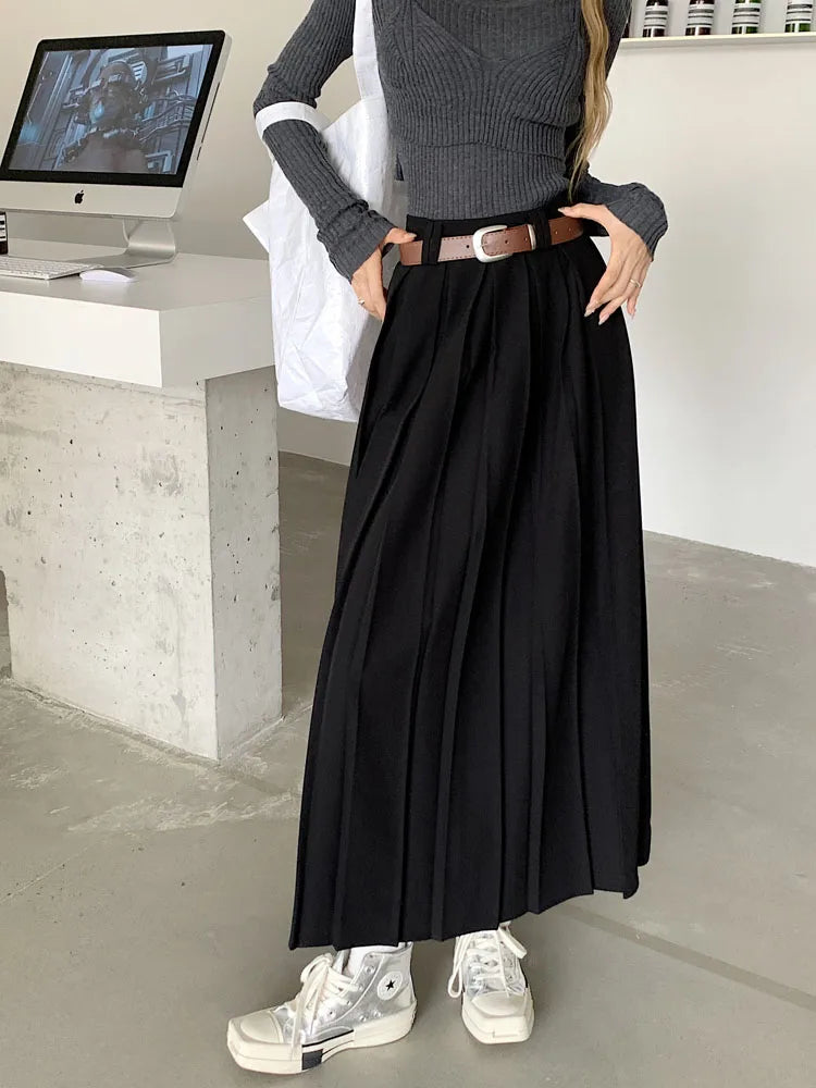 Qiukichonson Long Skirts Womens Maxi Skirt 2023 Autumn Winter Suit Skirt Korean Office Lady High Waisted Ruffle Pleated Skirts