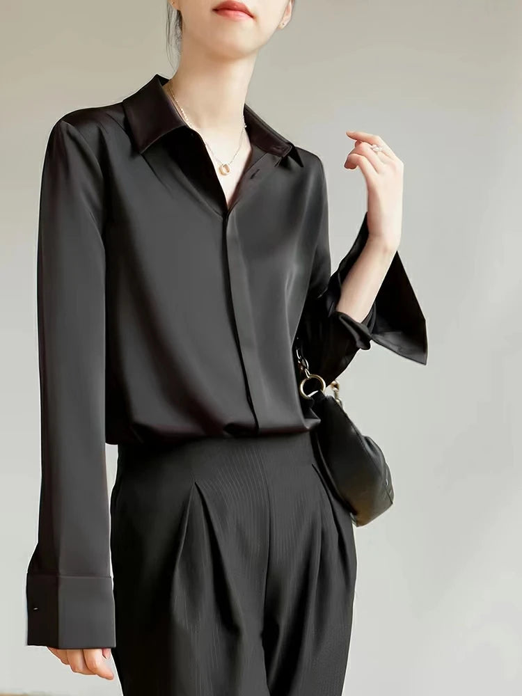 Women's Elegant Satin Blouse - Long Sleeve Solid Color Shirt for Office & French Style Wear
