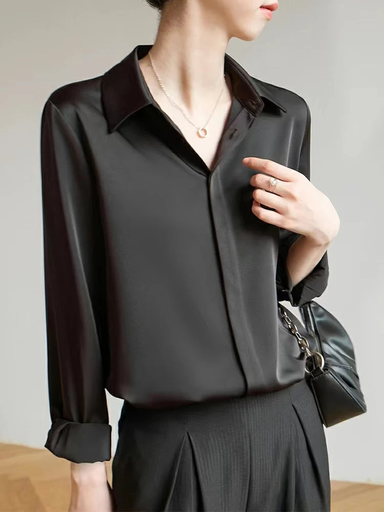 Women's Elegant Satin Blouse - Long Sleeve Solid Color Shirt for Office & French Style Wear