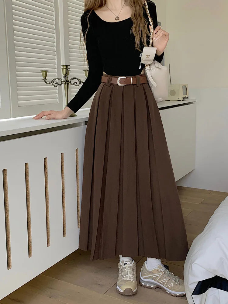 Qiukichonson Long Skirts Womens Maxi Skirt 2023 Autumn Winter Suit Skirt Korean Office Lady High Waisted Ruffle Pleated Skirts