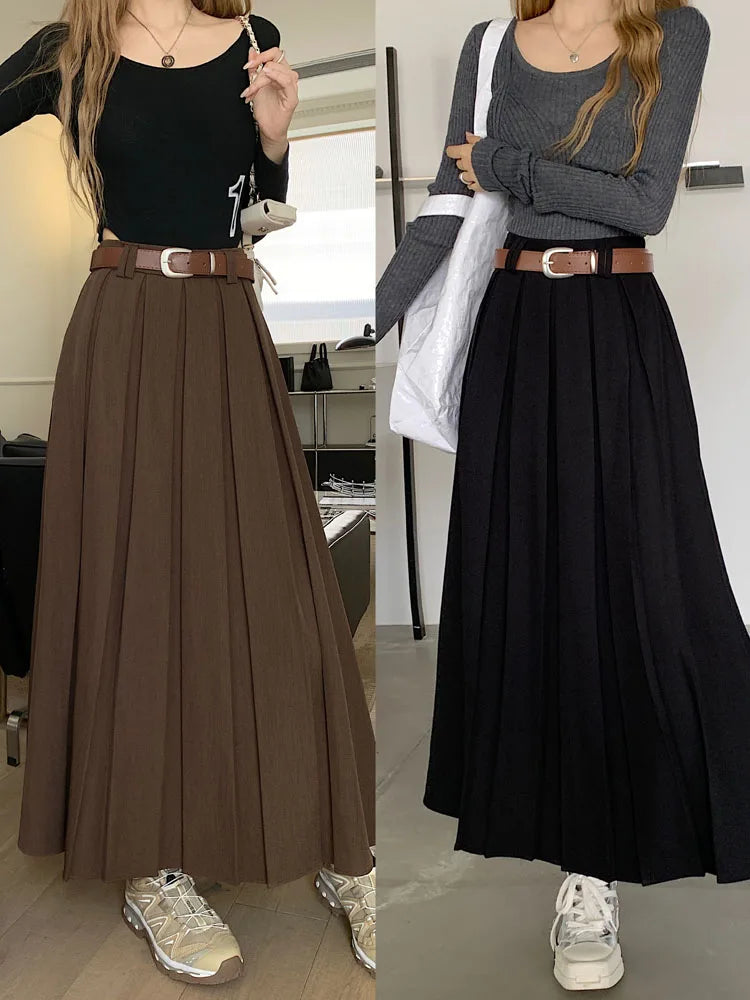 Qiukichonson Long Skirts Womens Maxi Skirt 2023 Autumn Winter Suit Skirt Korean Office Lady High Waisted Ruffle Pleated Skirts