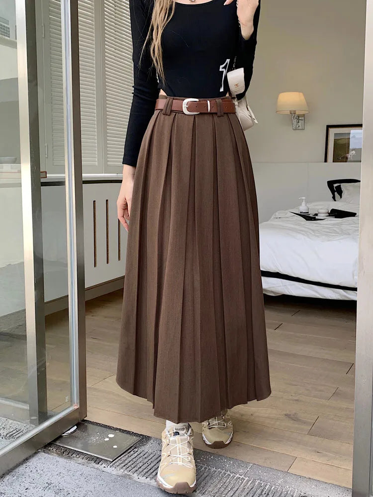 Qiukichonson Long Skirts Womens Maxi Skirt 2023 Autumn Winter Suit Skirt Korean Office Lady High Waisted Ruffle Pleated Skirts