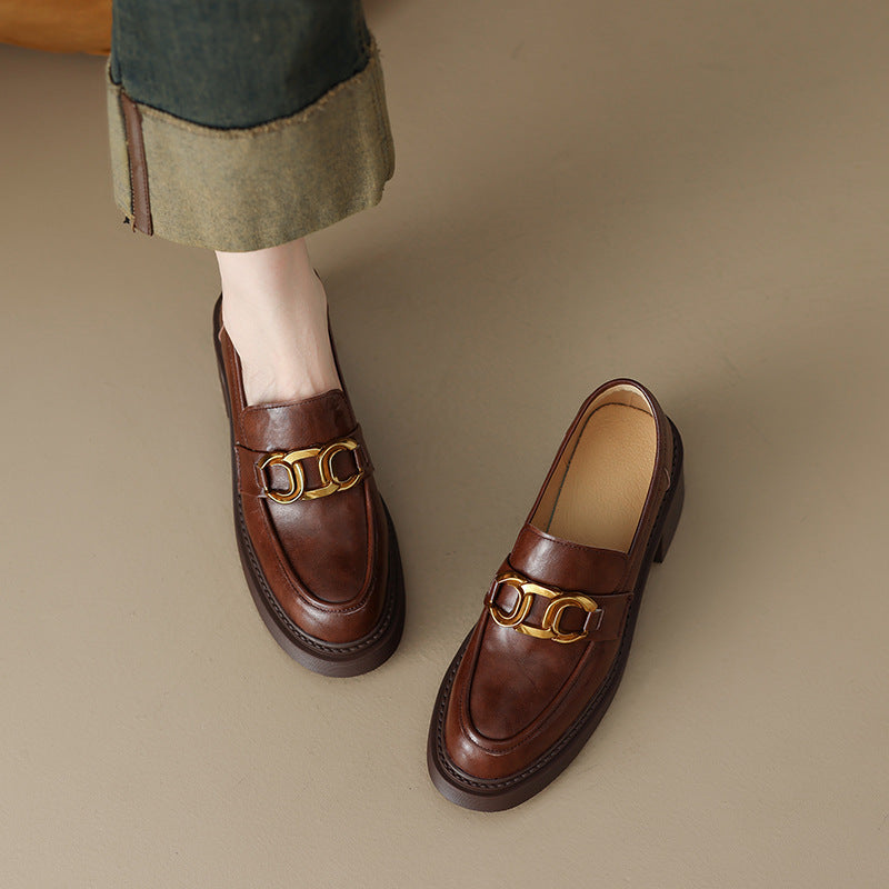 Sheepskin Preppy Style Metal Buckle High Heel Loafers Women